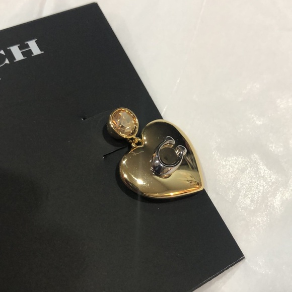 Coach gold plated puffy heart shape citrine gemstone look dangling stud earrings - Picture 7 of 14
